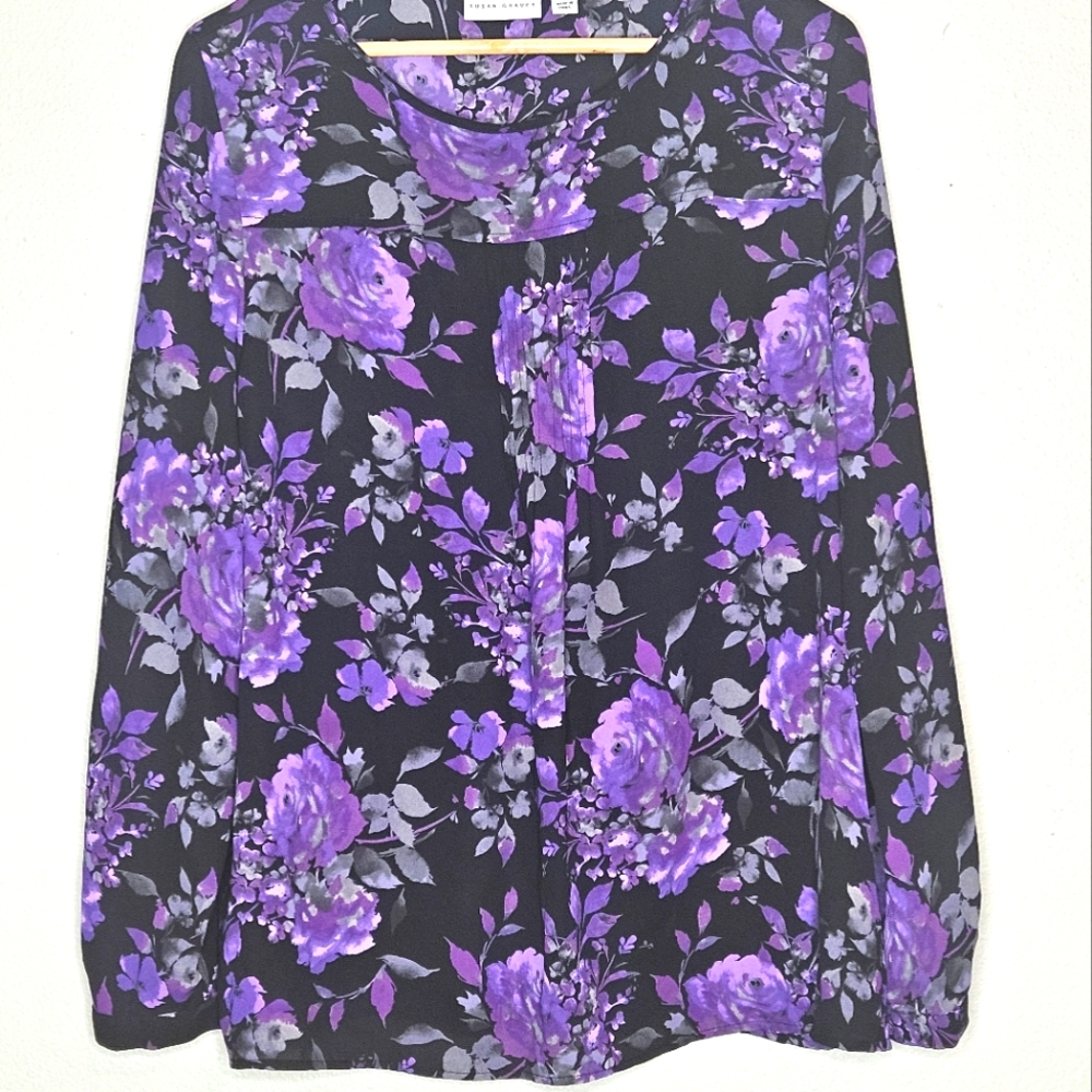 Susan Graver Floral Purple Black Women's Top Size 12
